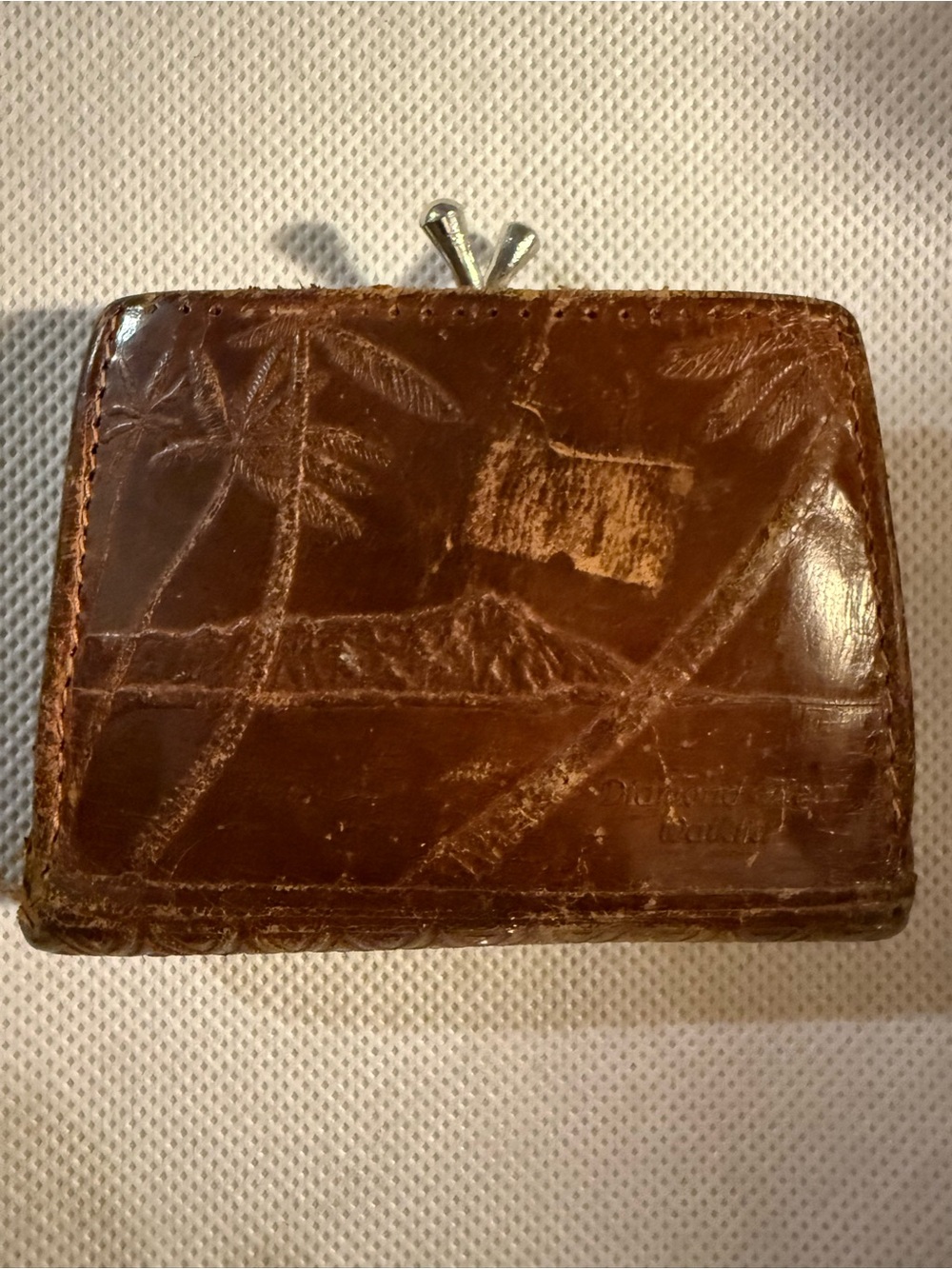 Brown Embossed Leather Coin Purse with Kiss-Lock Closure